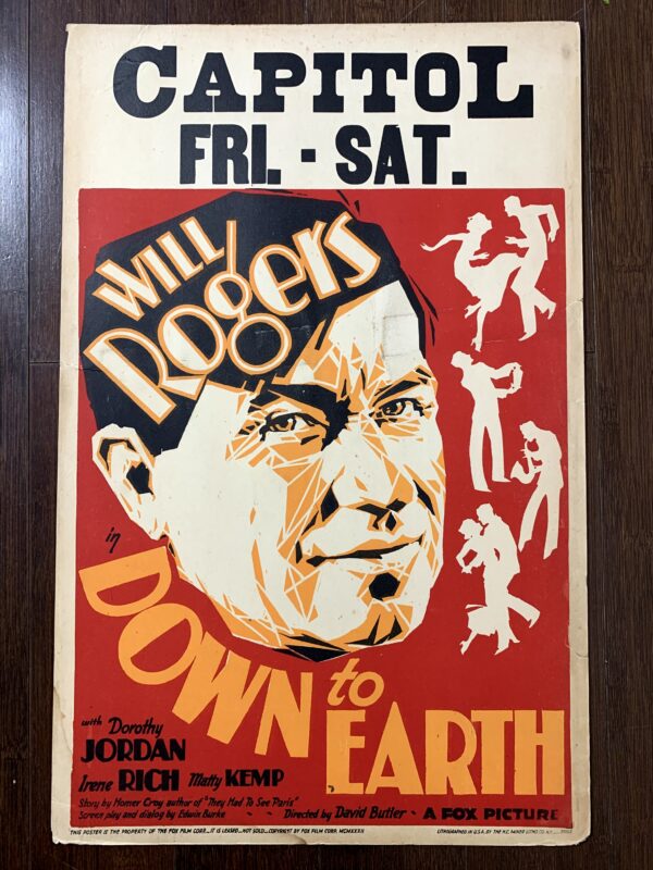 Down To Earth - Will Rogers (1932) US Window Card Movie Poster