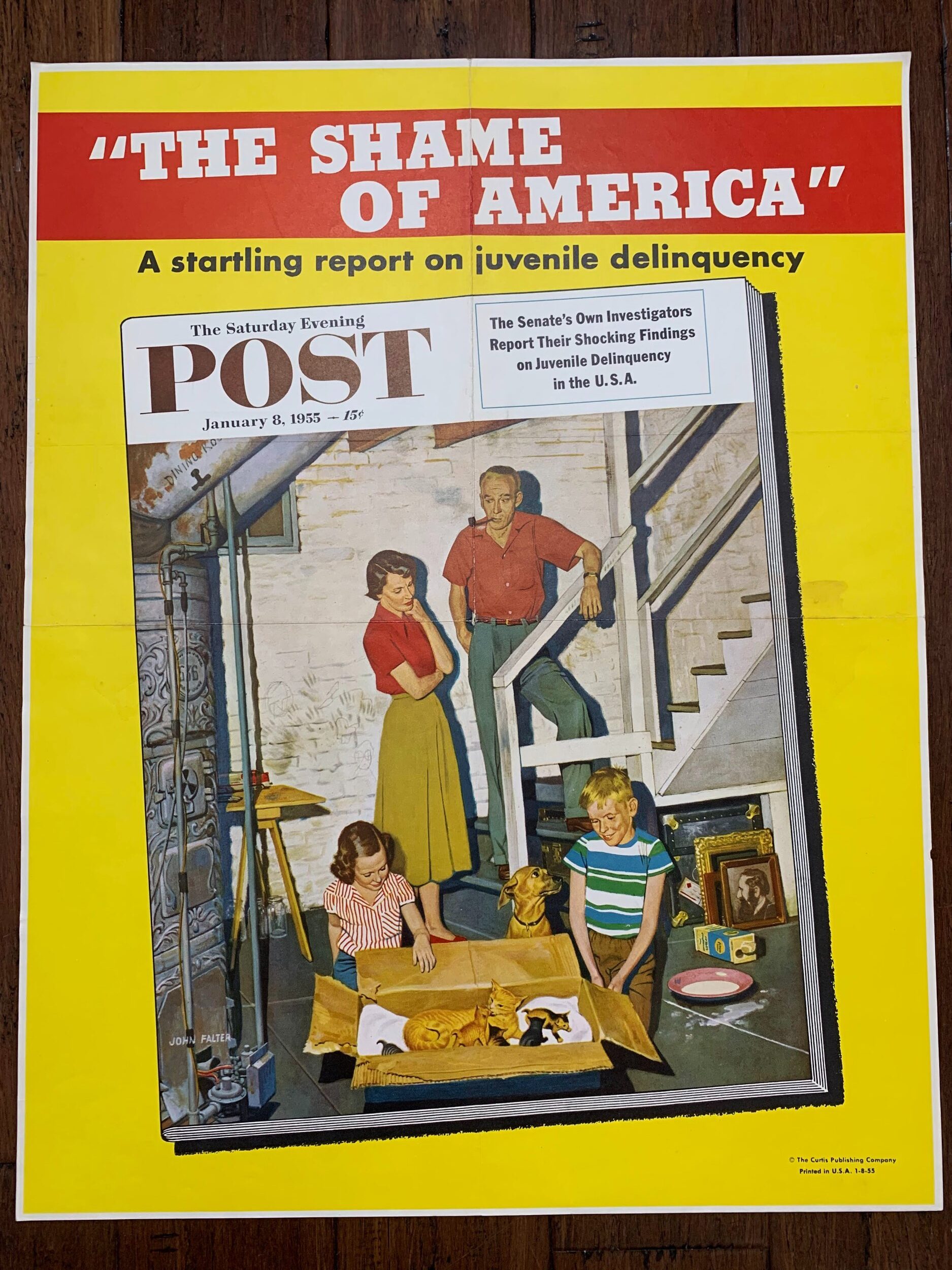 22x28 1955 Newstand Poster Saturday Evening Post - Art By John Falter kittens In The Basement