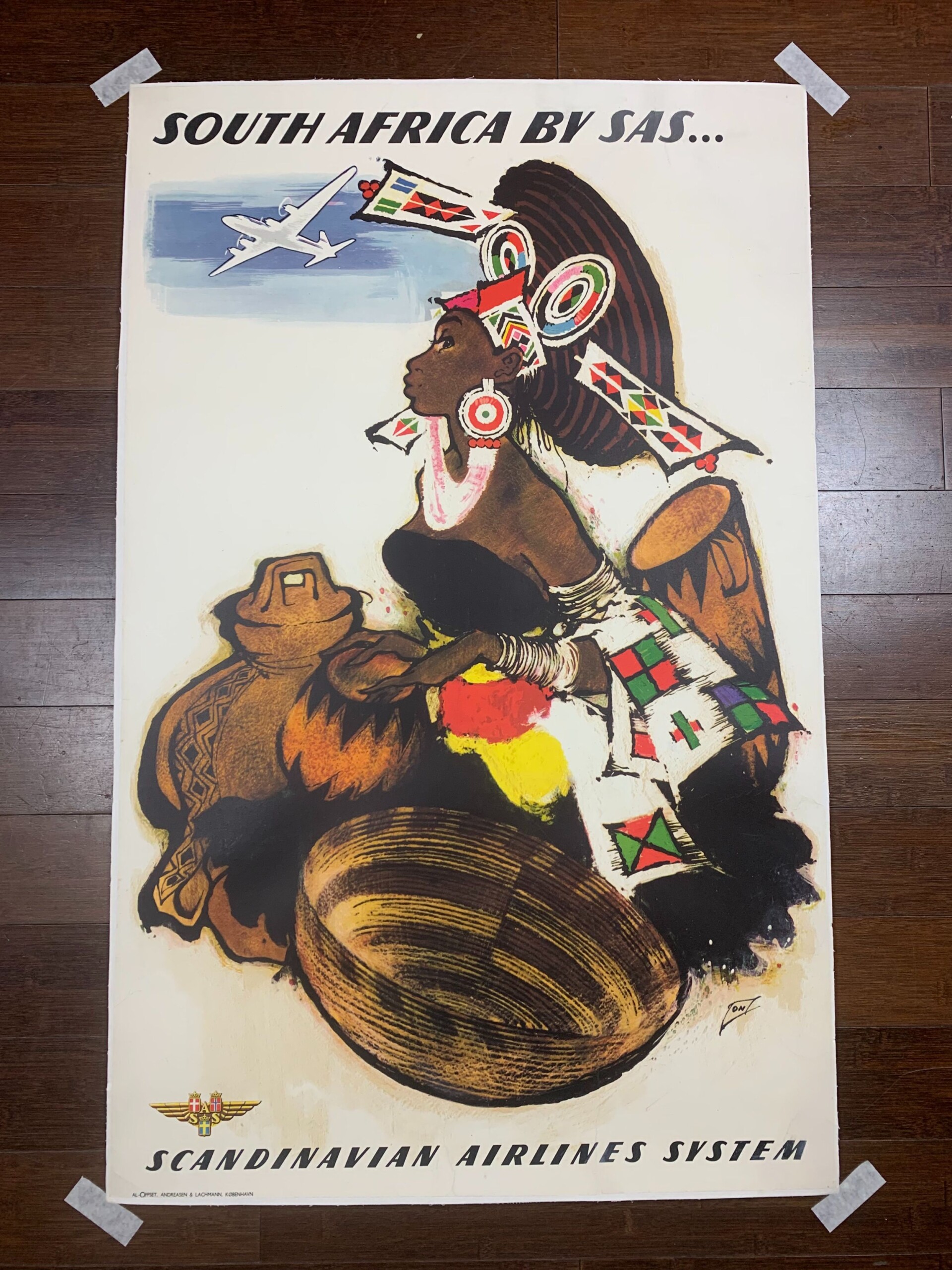 South Africa SAS Airlines - Art by Otto Nielsen (1954) 24.75 x 39.25 Swiss Travel Poster LB