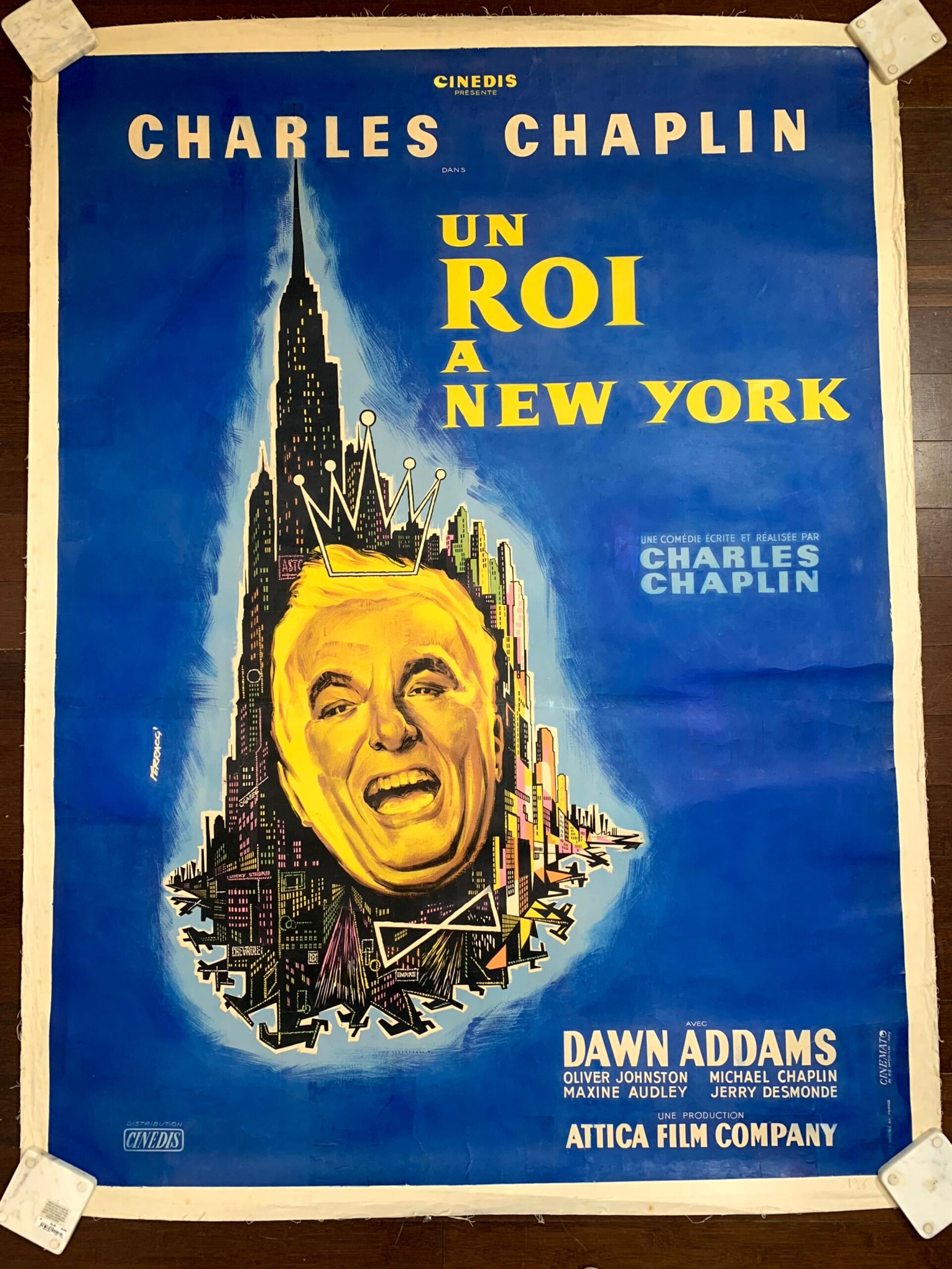 King in New York - Chaplin - Art by Ferracci (1957) 45.5"x61.5" French Movie Poster LB