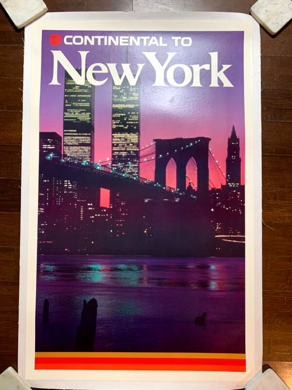 Twin Towers Continental to New York (1977) 25"x36" US Travel Poster LB