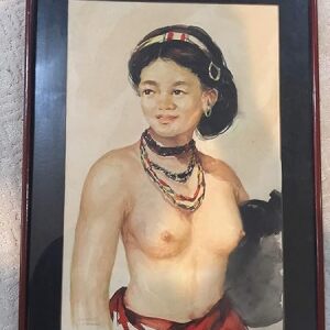 Bali Lady - Art by Oskar Navarro (1956) Watercolor - Framed