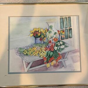 Flowers And Vase - Art By Ilana (1979) US Watercolor Painting - Framed