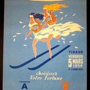 Loterie Nationale - 1954 French Lottery Poster - Tauzin Skiing Art!!