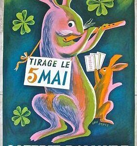 Loterie Romande 1940's Swiss Lottery Poster-poncy Lucky Rabbit!!