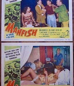 Manfish - 1956 Lobby Card Set Of 2 Posters - Lon Chaney Scuba Adventure