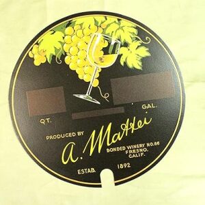 Mattei Winery (1930's) 15" US Advertising Display - Fits On Top Of Wine Bottle