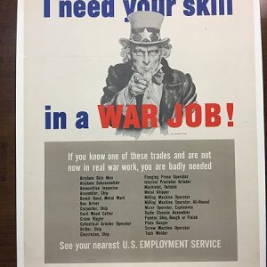 Uncle Sam - I Need Your Skills - Art by James Montgomery Flagg (1944) 22.125" x 28" US WW2 Propaganda Poster LB